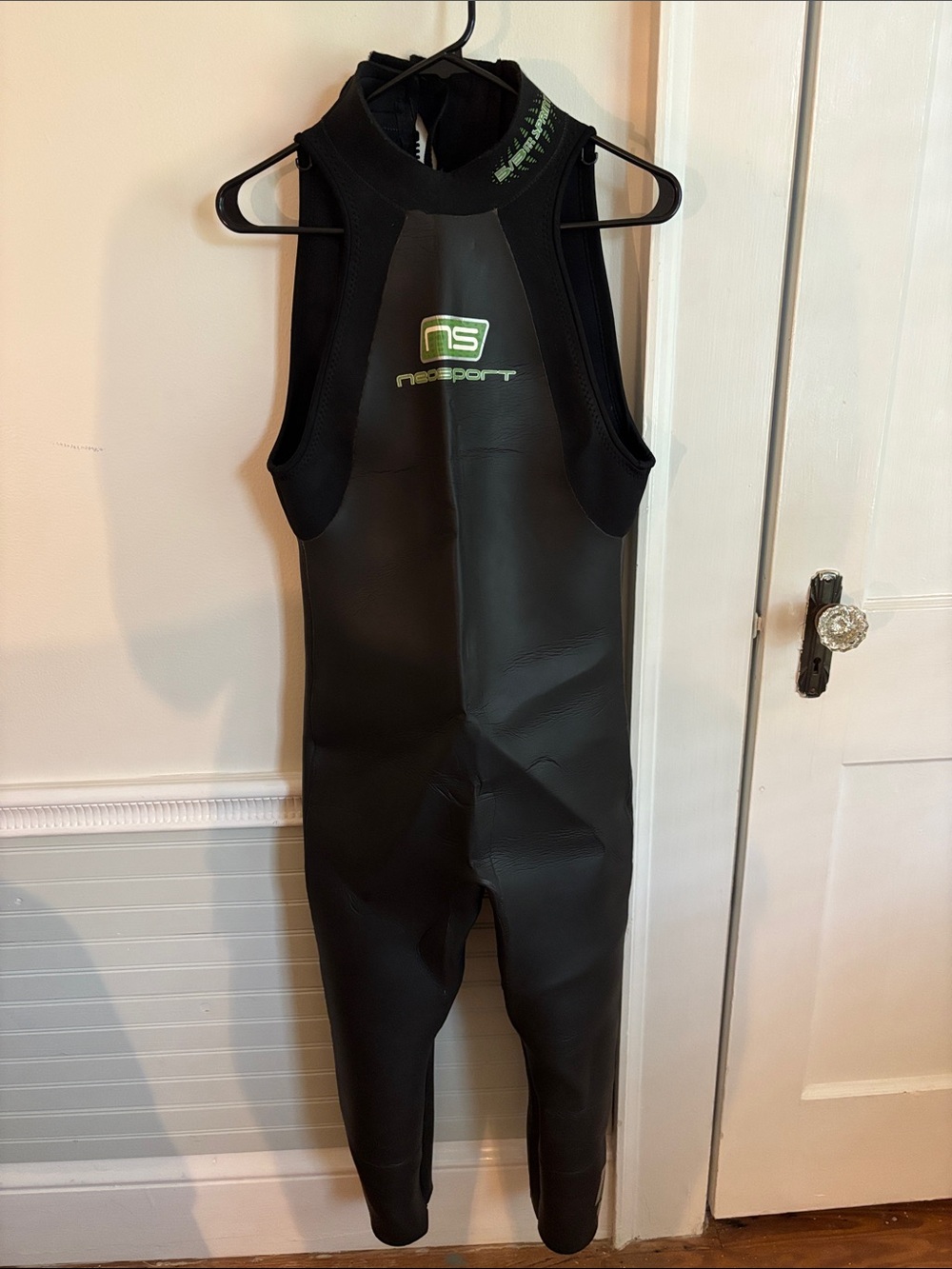 NSI Men’s Black Sleeveless Swim Bodysuit with Green Logo Accents